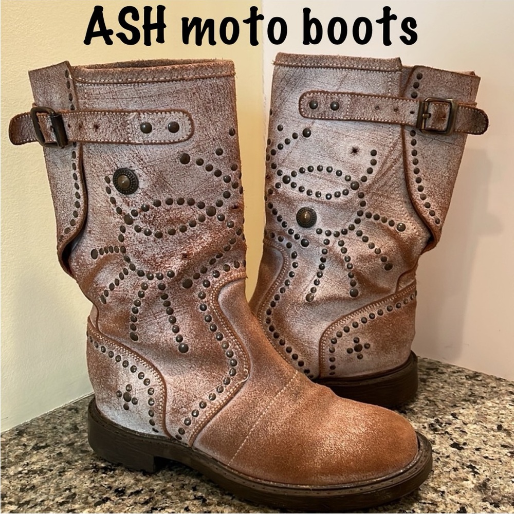 GUC: ASH distressed tan leather studded biker moto boots!